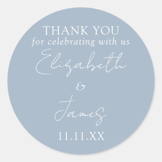 Dusty Blue Elegant Script bruiloft dank u Ronde Sticker (Voorkant)