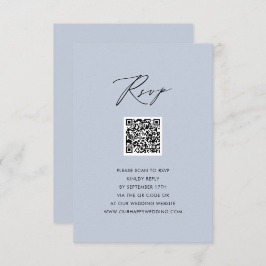 Dusty Blue Elegant Script Eenvoudige QR bruiloft R RSVP Kaartje (Voorkant / Achterkant)