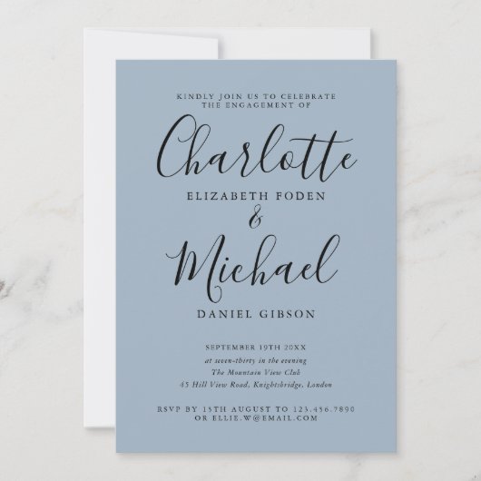 Dusty Blue Elegant Script Engagement Party Kaart (Voorkant)