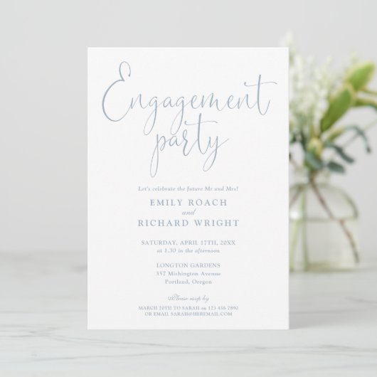 Dusty Blue Elegant Script Engagement Party Kaart (Staand voorkant)