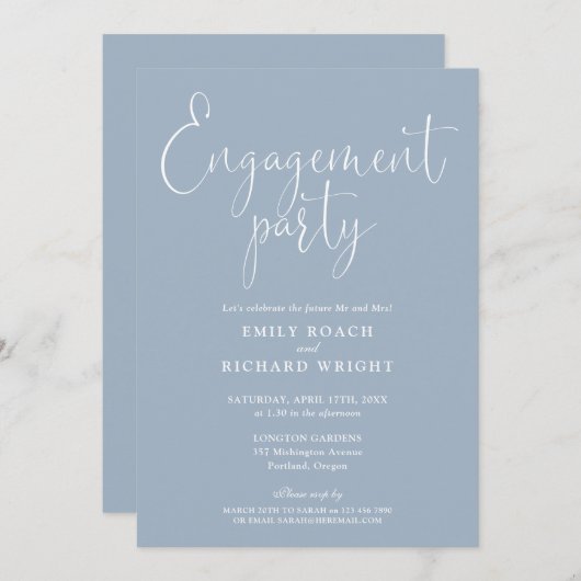Dusty Blue Elegant Script Engagement Party Kaart (Voorkant / Achterkant)