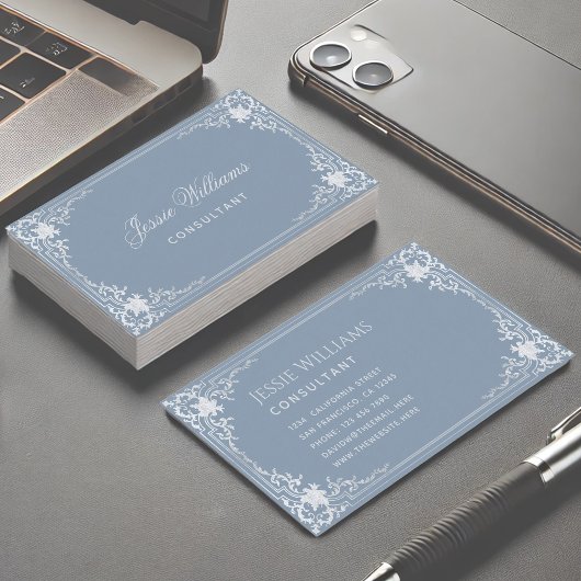 Dusty Blue Elegant Script Kalligrafie Visitekaartje