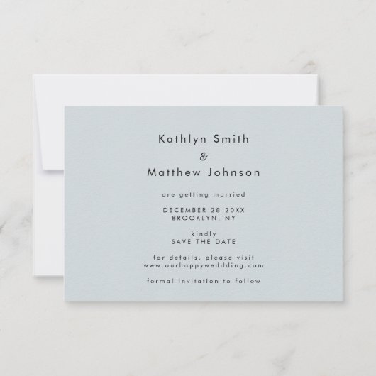 Dusty Blue Elegant Script Minimalist Weddenschap Save The Date (Achterkant)