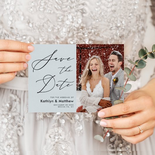 Dusty Blue Elegant Script Minimalist Weddenschap Save The Date