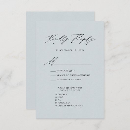 Dusty Blue Elegant Script Minimalistische bruiloft Informatiekaartje (Voorkant / Achterkant)