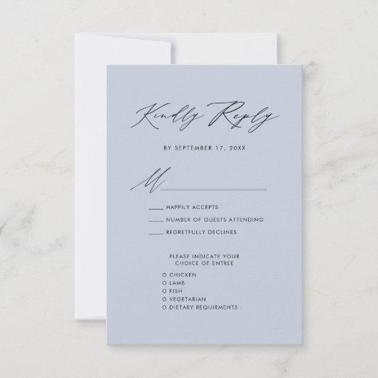 Dusty Blue Elegant Script Minimalistische bruiloft RSVP Kaartje (Voorkant)