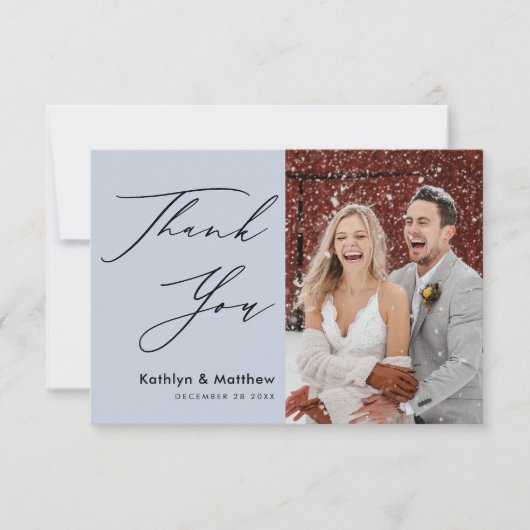 Dusty Blue Elegant Script Modern Photo Wedding Bedankkaart (Voorkant)