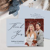 Dusty Blue Elegant Script Modern Photo Wedding Bedankkaart