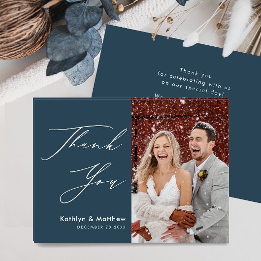 Dusty Blue Elegant Script Modern Photo Wedding Bedankkaart