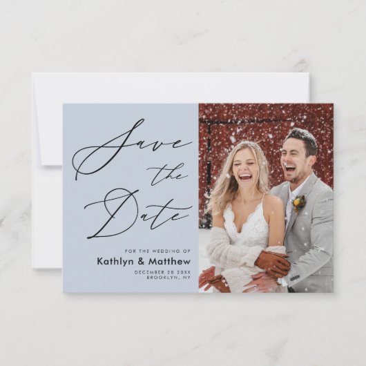 Dusty Blue Elegant Script Modern Photo Wedding Save The Date (Voorkant)