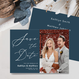 Dusty Blue Elegant Script Modern Photo Wedding Save The Date
