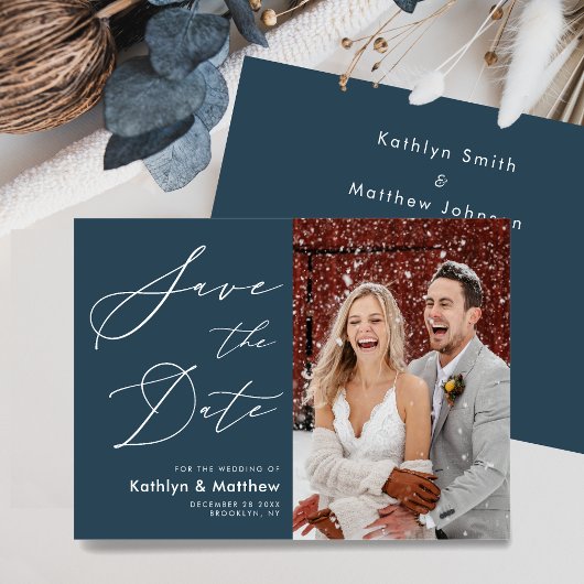 Dusty Blue Elegant Script Modern Photo Wedding Save The Date