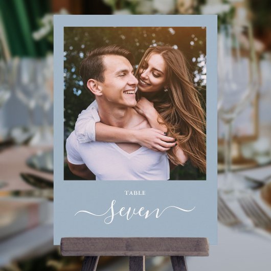 Dusty Blue Elegant Script Photo Table Number Kaart