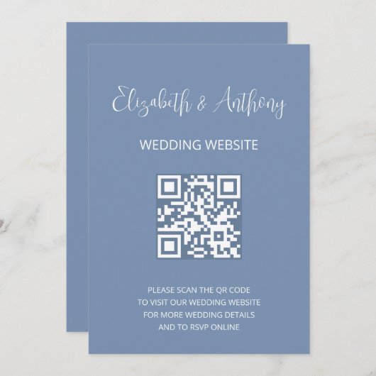 Dusty Blue Elegant Script | QR-code bruiloft RSVP Kaart (Voorkant / Achterkant)