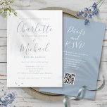 Dusty Blue Elegant Script QR Code Weddenschap Kaart<br><div class="desc">Deze elegante,  stoffige,  blauwe trouwuitnodiging met handtekeningnamen kan worden gepersonaliseerd met al je speciale trouwdaggegevens op de voorkant en je trouwwebsite en QR-code op de achterkant. Ontworpen door: Thisnotme©</div>