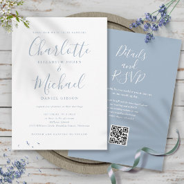 Dusty Blue Elegant Script QR Code Weddenschap Kaart
