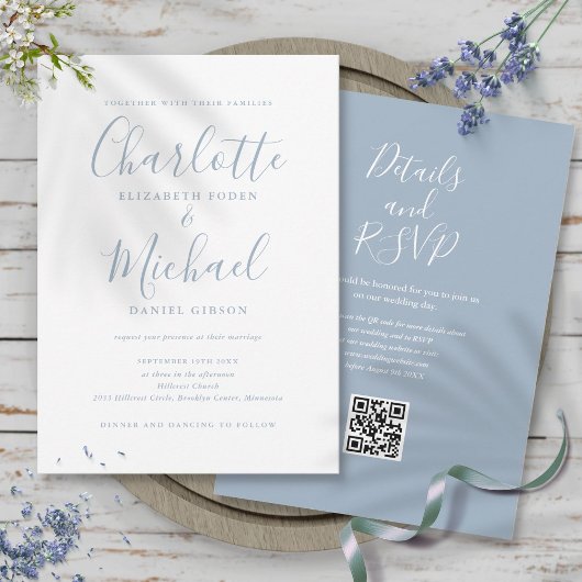 Dusty Blue Elegant Script QR Code Weddenschap Kaart
