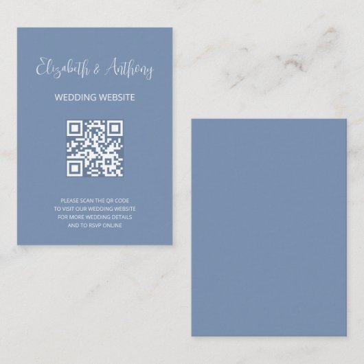 Dusty Blue Elegant Script | QR Code Wedding RSVP Informatiekaartje (Voorkant / Achterkant)