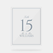 Dusty Blue Elegant Script Trouwtafel Nummer Acryl Bord (Voorkant)