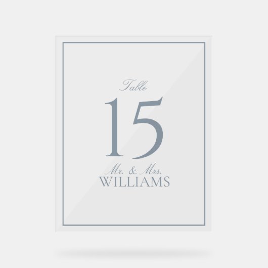 Dusty Blue Elegant Script Trouwtafel Nummer Acryl Bord (Voorkant)