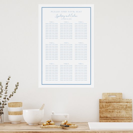 Dusty Blue Elegant Script Wedding Seating Chart Poster (Keuken)