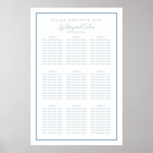 Dusty Blue Elegant Script Wedding Seating Chart Poster (Voorkant)