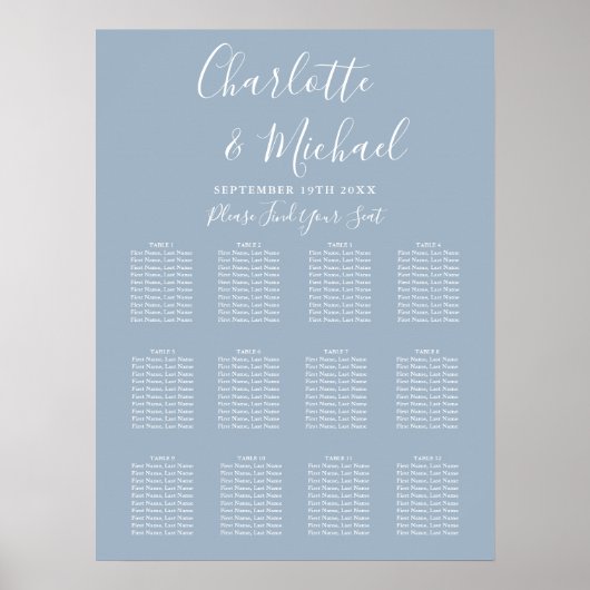Dusty Blue Elegant Signature Wedding Seding Chart Poster (Voorkant)