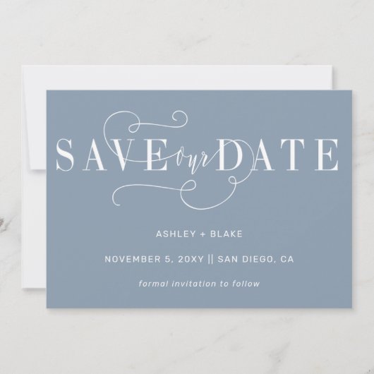 Dusty Blue Elegant Simple Handwrite Calligrafie Save The Date (Voorkant)