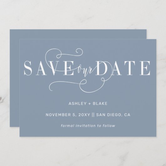 Dusty Blue Elegant Simple Handwrite Calligrafie Save The Date (Voorkant / Achterkant)