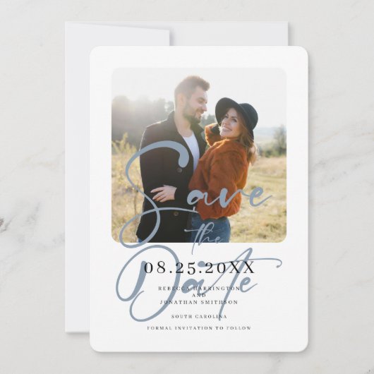 Dusty Blue Elegant Trouwfoto Bewaar de datum Save The Date (Voorkant)