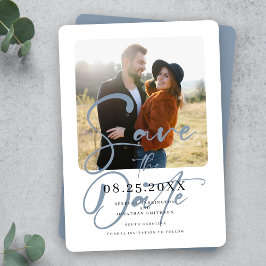 Dusty Blue Elegant Trouwfoto Bewaar de datum Save The Date