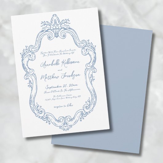 Dusty Blue Elegant Vintage Wedding Kaart