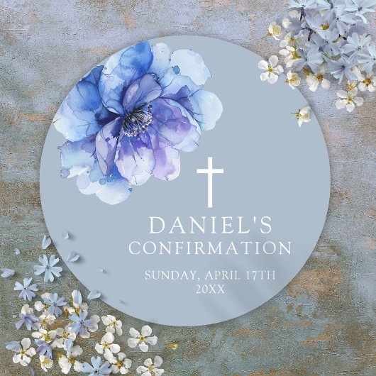 Dusty Blue Elegant Waterverf Bloemen Bevestiging Ronde Sticker