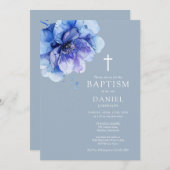 Dusty Blue Elegant Waterverf Bloemen Doop Kaart (Voorkant / Achterkant)