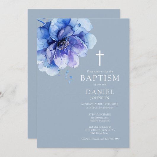 Dusty Blue Elegant Waterverf Bloemen Doop Kaart (Voorkant / Achterkant)