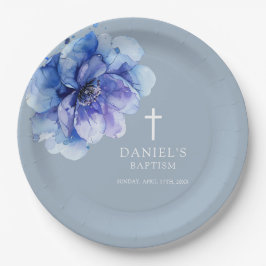 Dusty Blue Elegant Waterverf Bloemen Dooppapier Papieren Bordje