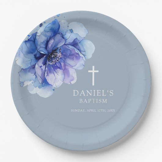 Dusty Blue Elegant Waterverf Bloemen Dooppapier Papieren Bordje (Voorkant)