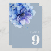 Dusty Blue Elegant Waterverf Bloemen Tafelnummer (Voorkant / Achterkant)