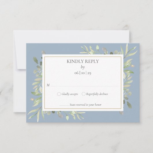 Dusty Blue Elegant Waterverf Greenery RSVP (Voorkant)
