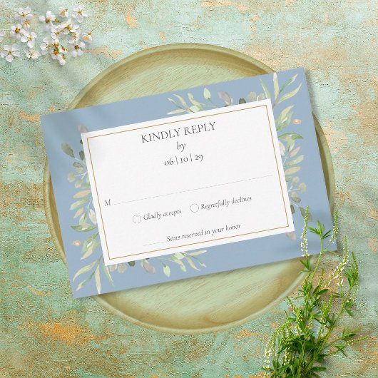 Dusty Blue Elegant Waterverf Greenery RSVP Kaartje