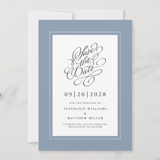 Dusty Blue Elegant Wedding Calligraphy Script Chic Save The Date (Voorkant)