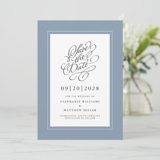 Dusty Blue Elegant Wedding Calligraphy Script Chic Save The Date (Staand voorkant)