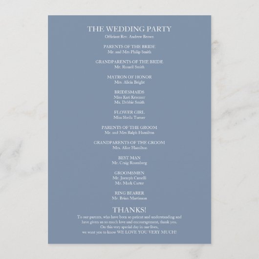 Dusty Blue Elegant Wedding Ceremony Program Programmakaart (Achterkant)