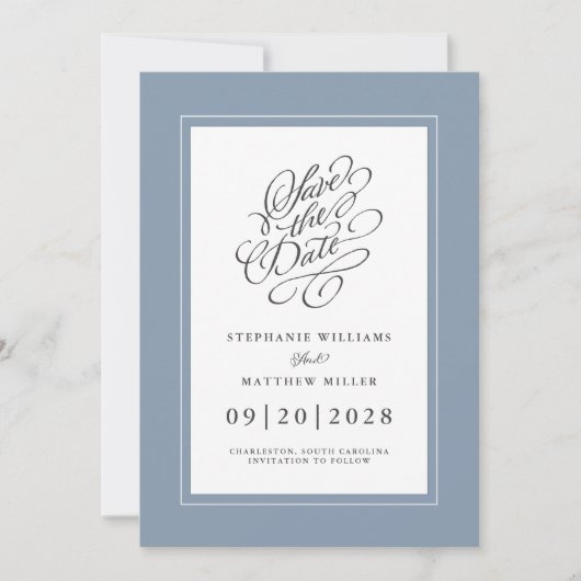 Dusty Blue Elegant Wedding Chic Trendy Script Save The Date (Voorkant)