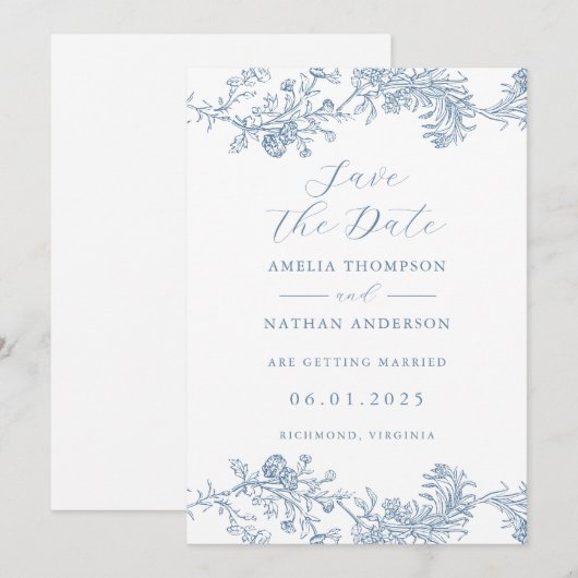  Dusty Blue Elegant Wedding Save the Date (Voorkant / Achterkant)