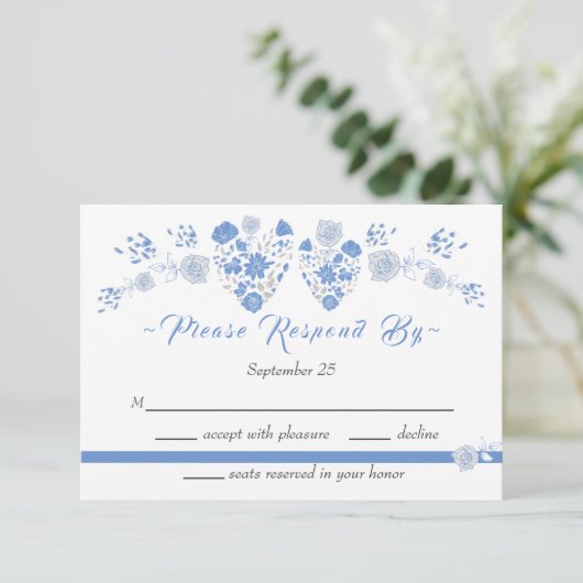 Dusty Blue Elegant White Gray Floral Heart Wedding Kaart (Staand voorkant)
