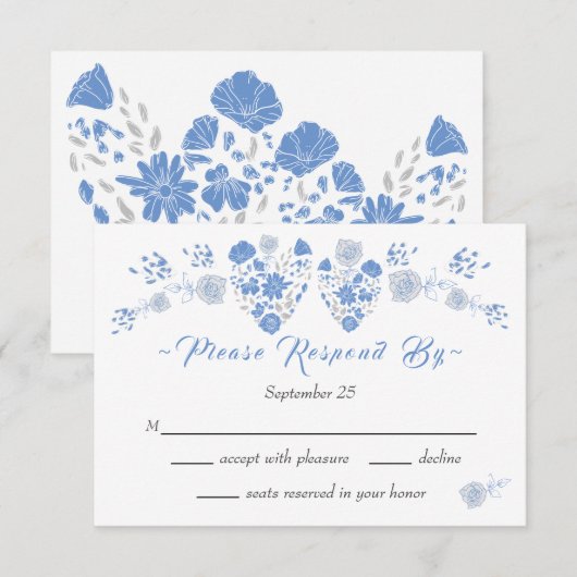 Dusty Blue Elegant White Gray Floral Heart Wedding Kaart (Voorkant / Achterkant)