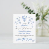 Dusty Blue Elegant White Gray Floral Heart Wedding Save The Date (Staand voorkant)