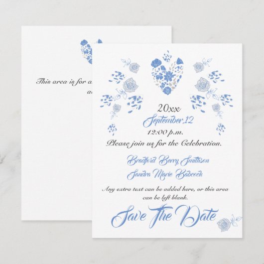 Dusty Blue Elegant White Gray Floral Heart Wedding Save The Date (Voorkant / Achterkant)