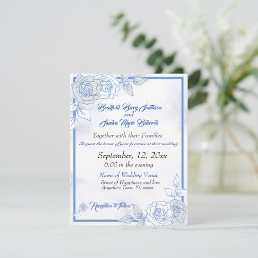 Dusty Blue Elegant White Gray Floral Heart Wedding Save The Date (Staand voorkant)